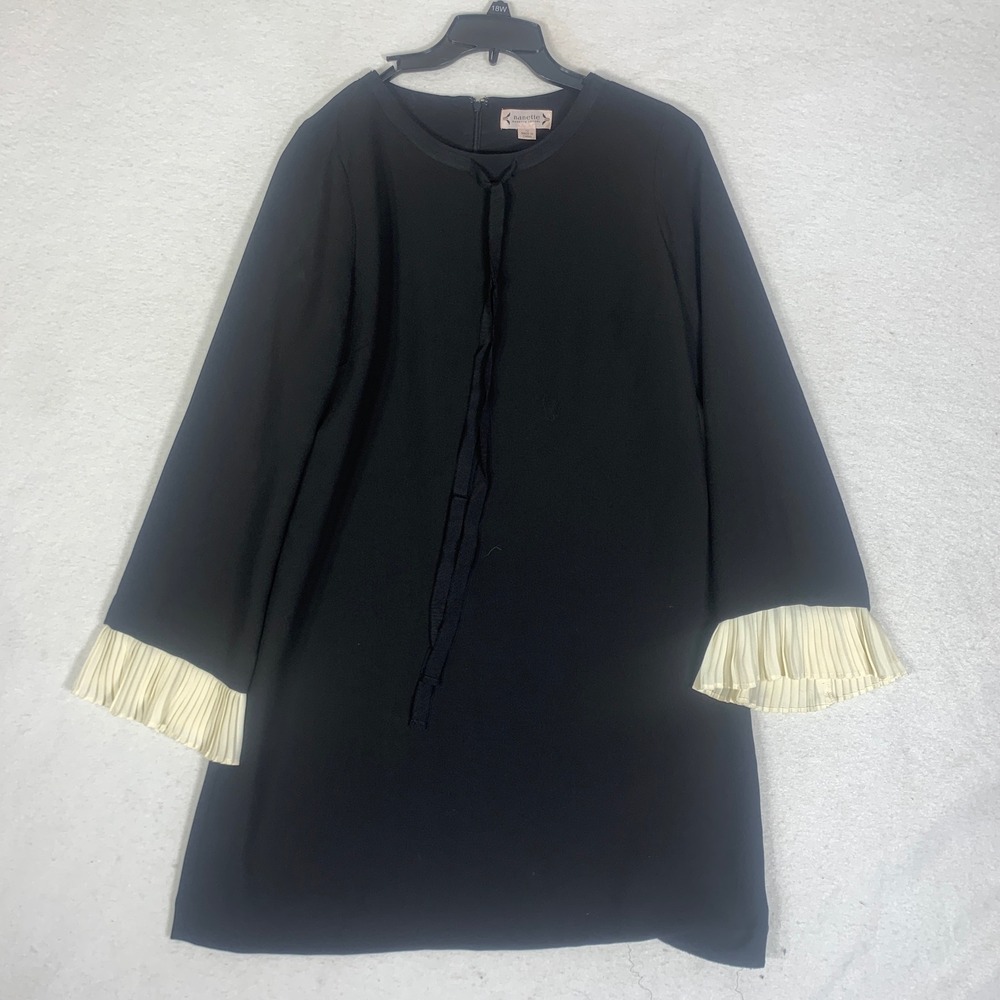 Nanette Lepore Shift Dress Women's‎ 12 Black Tie Neck Contrast Pleated Cuffs